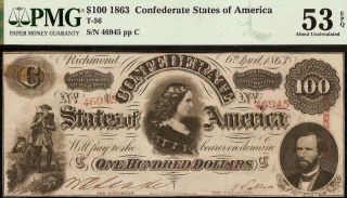 1863 $100 Dollar Confederate States Currency Civil War Note T - 56 Pmg 53 Epq