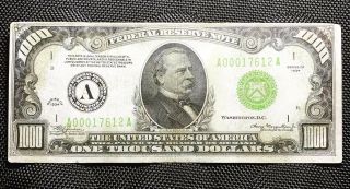 $1000 1934 Light Green Seal Boston Federal Reserve Note One Thousand Dollars