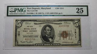 $5 1929 Port Deposit Maryland Md National Currency Bank Note Bill 1211 Vf25 Pmg