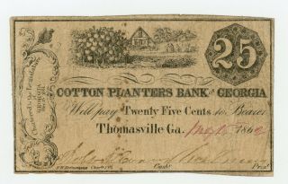 1862 25c Cotton Planters Bank Of Georgia - Thomasville,  Georgia Note W/ Slaves