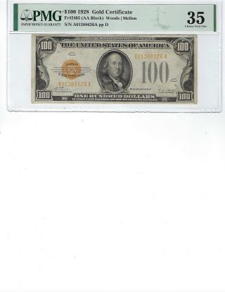 1928 $100 Gold Certificate Fr2405 Pmg 35 Ch Vf Woods/mellon