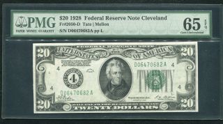 Fr.  2050 - D 1928 $20 Frn “gold On Demand” Cleveland,  Oh Pmg Gem Unc - 65epq