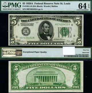Fr.  1951 H $5 1928 - A Federal Reserve Note St.  Louis H - A Block Choice Pmg Cu64 Ep