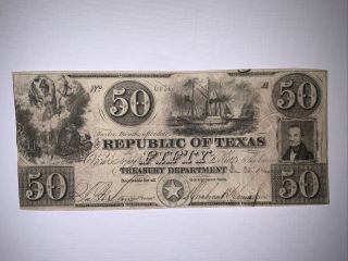 1840 $50 Republic Of Texas Fifty Dollar Note Bill (jan.  25,  1840) ; No.  6036