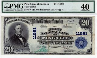Pine City,  Minnesota First National Bank $20 1902 Pb Ch 11581 Pmg 40