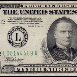 1 Day 1934a $500 San Fran Five Hundred Dollar Bill 1000 Fr.  2201 - L 44469