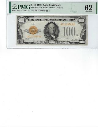 1928 $100 Gold Certificate Fr2405 Pmg 62 Unc Woods/mellon