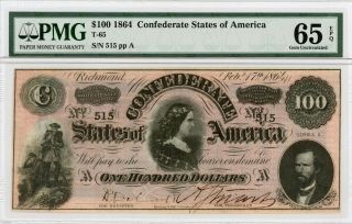 1864 T - 65 $100 The Confederate States Of America Note - Civil War Era Pmg 65 Epq