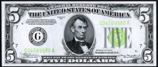 Fr.  1955 - G $5 1934 Federal Reserve Note Chicago Light Green Seal Gem Unc/superb