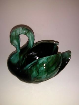 Blue Mountain Pottery Canada Green Drip Glaze Swan.  6 " Tall 7 1/2 " Long 6 " Wide