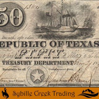1840 $50 Republic Of Texas Bank Note Txcra7 1384