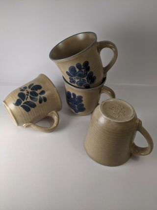 Pfaltzgraff Folk Art - Coffee Tea Mugs - Tan W Blue Floral (set Of 4)