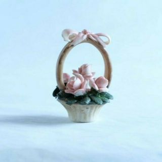 Capodimonte Miniature Porcelain Pink Rose Flower Basket