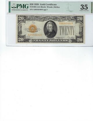 1928 $20 Gold Certificate Fr2402 Pmg 35 Ch Vf Woods/mellon