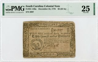 (sc - 136a) Dec 23,  1776 $2 South Carolina Colonial Currency Note - Pmg Vf 25