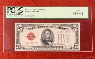 •narrow• 1928f $5 Red Seal Legal Tender Note Pcgs Gem Uncirculated Cu 66ppq C2c