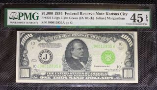$1000 Light Green Seal PMG XF45EPQ 1934 Kansas City 