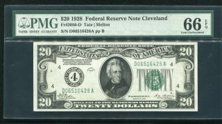 Fr.  2050 - D 1928 $20 Frn “gold On Demand” Cleveland,  Oh Pmg Gem Unc - 66epq