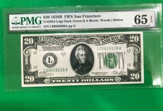 $20 1928b Federal Reserve Note Pmg 65 Epq Gem Unc Fr 2052 - L 1928 Dark Green