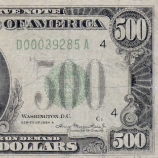 1 Day 1934a $500 Cleveland Five Hundred Dollar Bill 1000 Fr2201d 39285a
