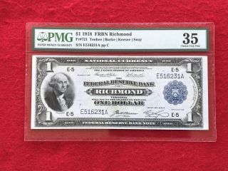 Fr - 721 1918 Series $1 Richmond Federal Reserve Bank Note Pmg 35 Choice Vf