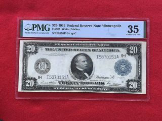 Fr - 999 1914 Series $20 Minneapolis Federal Reserve Note Pmg 35 Choice Very Fine