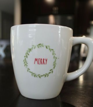 Retired Rae Dunn " Merry " With Wreath Coffee Tea Mug Cup 16ozs.  Red Interior 16oz