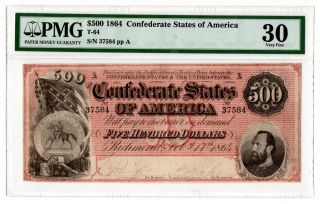 T - 64 $500 1864 Confederate States Of America Pmg 30 Red