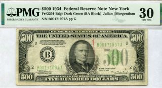 $500 1934 Federal Reserve Note York Fr 2201 - Blgs Dark Grn (ba Block) Pmg Vf30