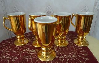 5 Hall China Golden Glo Irish Coffee Pedestal Mugs Cups 6 "