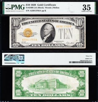 Awesome Crisp Choice Vf,  1928 $10 Gold Certificate Pmg 35 13703a