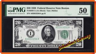 Jc&c - Fr.  2050 - A Series Of 1928 $20 Federal Reserve Note Boston - Au 50 By Pmg