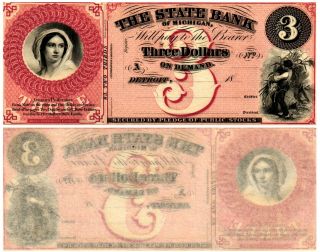 18 - - $3 U S Obsolete Currency The State Bank Of Michigan Detroit Remainder Unc