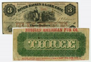 1863 $3 The River Raisin & Lake Erie Rail Road Co.  - Michigan Note W/ Ad On Back