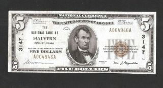 Extremely Rare National Bank Of Malvern 1929 $5 Chtr 3147,  No Pinholes Or Tears