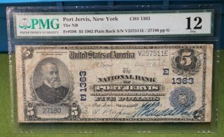 1902 $5 National Currency Bank Of Port Jervis York Fr 598 1363 Pmg Fine 12