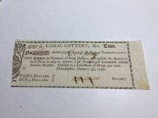 1796 Second Pennsylvania Canal Lottery Ticket - $100 Winner