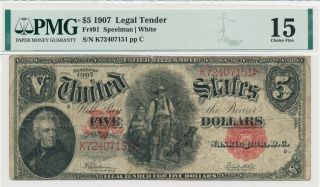 Usa 5 Dollars 1907 Legal Tender Fr 91 Large S/n K72407151 Ppc - Pmg F 15