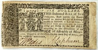 Maryland 1774 Colonial $6.  00 Dollar Note