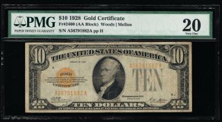 Affordable Fr 2400 1928 $10 Gold Certificate Pmg Vf 20 Woods Mellon