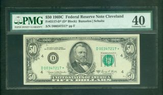 Fr 2117 - D 1969 - C $50 Rare Cleveland Low Serial Star Note Pmg Extra Fine 40