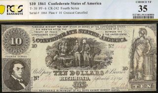 1861 $10 Dollar Confederate States Currency Civil War Note Money T - 30 Pcgs 35