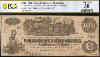 1862 $100 Dollar Bill Confederate States Currency Civil War Note Money Pcgs 30