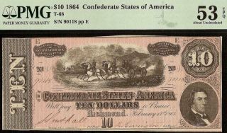 1864 $10 Dollar Confederate States Currency Civil War Note Money T - 68 Pmg 53 Epq