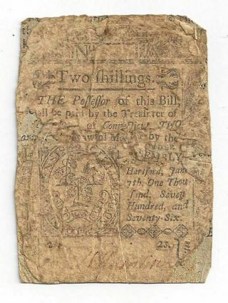 Ct - 196 1776 2 Shilling Connecticut Colonial Currency Note (05426)