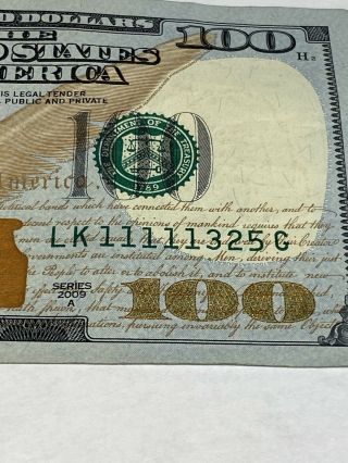 $100 One Hundred Dollar Bill Note 2009 A Fancy Serial Number Lk11111325g