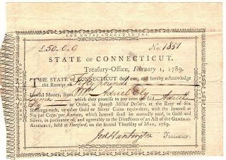 1789 Connecticut Note Fifty Pound Loan Jed Huntington Promissory Note