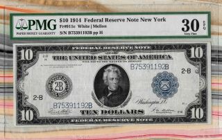 Pmg $10 1914 Federal Reserve Note York Fr 911c 30 Epq
