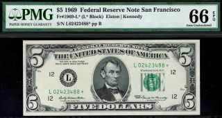 1969 $5 San Francisco Federal Reserve Star Note Frn • Pmg 66 Epq • Fr.  1969 - L