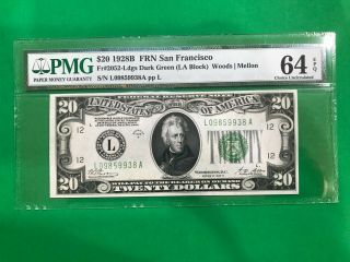 $20 1928b Federal Reserve Note Pmg 64 Epq Choice Unc Fr 2052 - L 1928 Dark Green